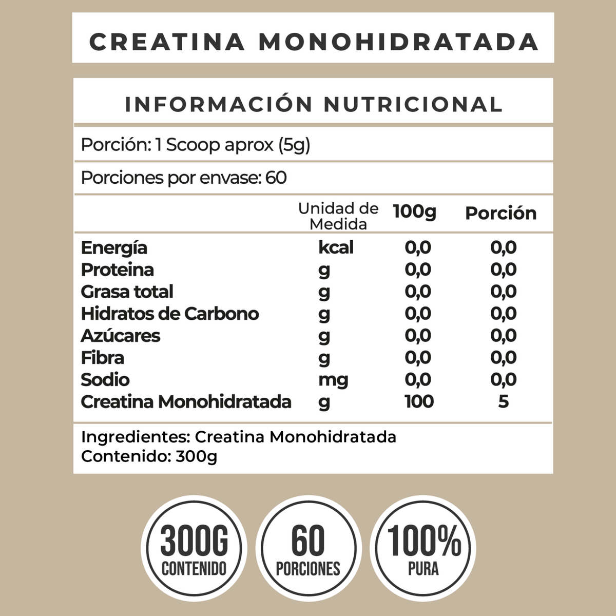 Tabla de información nutricional creatina monohidratada Ankha, porción 5g, 60 porciones, contenido neto 300g
