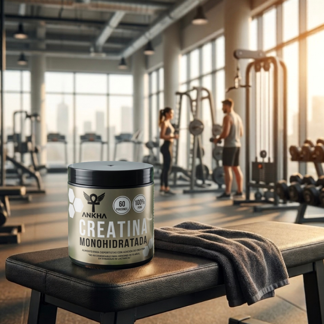 Pote de creatina monohidratada Ankha 100% pura en gimnasio moderno, suplemento deportivo para entrenamiento, 60 porciones
