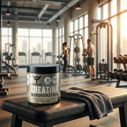 Pote de creatina monohidratada Ankha 100% pura en gimnasio moderno, suplemento deportivo para entrenamiento, 60 porciones
