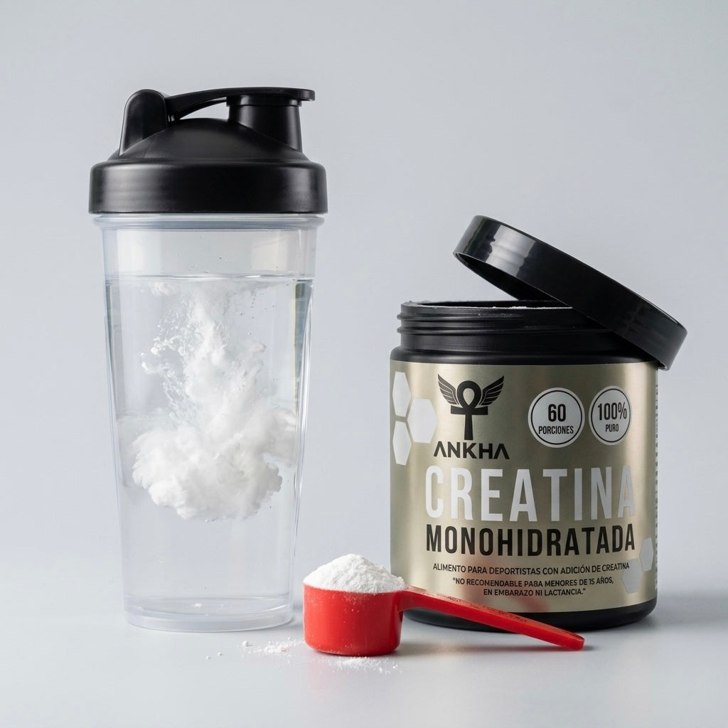 Shaker con creatina monohidratada Ankha disolviéndose en agua junto a cuchara medidora y pote 100% puro, 60 porciones
